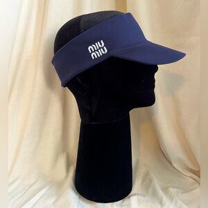 MIU MIU Nylon Knit Visor Hat + Pouch in Navy sz L